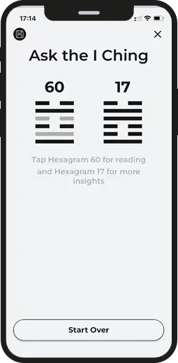 aiching app screen of two generated hexagrams 60 & 17 with their chaning lines